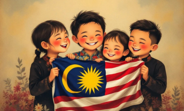 Children celebrating with the Malaysian flag